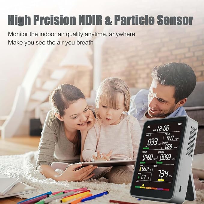 Professional Indoor Air Quality Monitor with AQI Alarms, Portable Real-Time Detector for Home Cars Plants and Pets (Cold Grey)