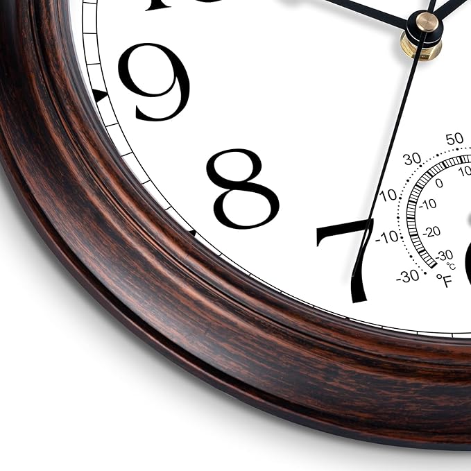 KECYET 10 Inch Outdoor Wall Clock with Thermometers, Vintage Silent Wall Clocks Battery Operated, Retro Non-Ticking Clock Decorative for Living Room, Patio, Kitchen, Office, Bathroom, Bedroom(Bronze)