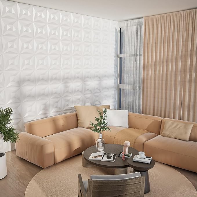 Greymond White PVC 3D Wall Panels, 33 Pack 11.8''x11.8''Geometric Design for Modern Home Decor Upgrade, Textured Tile Decorative & Paintable for Living Room Lobby Bedroom Hotel Office