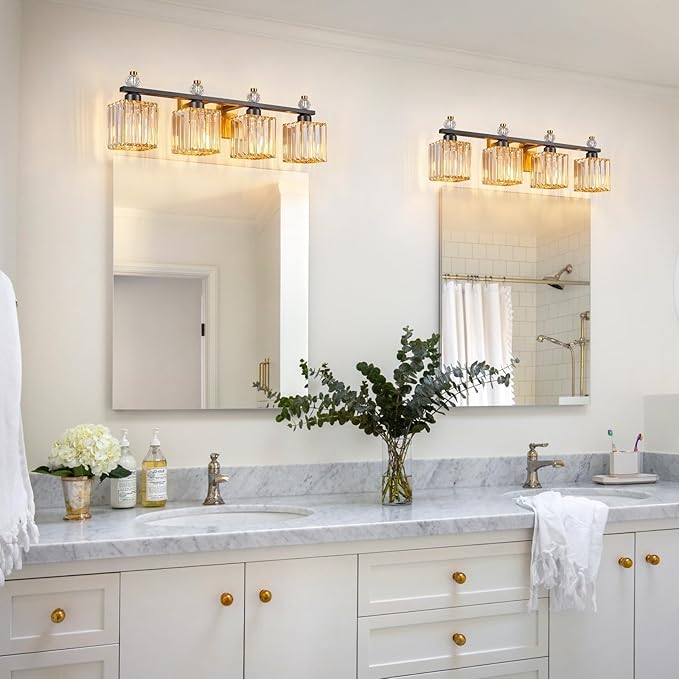 FDPBY Vanity Lights 4-Light Modern Crystal Vanity Light Black Gold Bathroom Light Fixtures Over Mirror Crystal Bathroom Vanity Lighting Fixtures