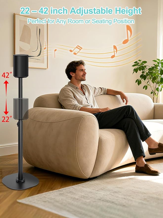 Haturi Speaker Stand Single for Sonos ERA 300 & 100, Height Adjustable 22”–42” Floor Stand with Cable Management Heavy Duty Metal Construction Non Slip Base for Living Room Bedroom Office