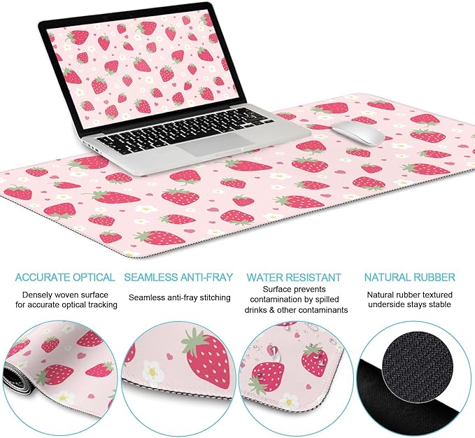 LIMKRIAN Strawberry Mouse Pad Desk Mat Set, Pink Ergonomic Mouse Pad with Wrist Rest, Large Gaming Mousepad Wrist Support Keyboard Mat Cup Coaster Set, Cute Office Desk Decor Accessories Supplies