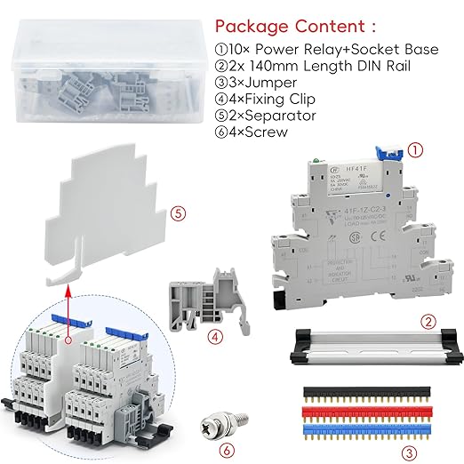 10Pcs Electromechanical Relay Miniature Power Relay 110V/ 120V AC/DC HF41F/60-ZS 1NO 1NC 6A SPDT with LED Indicator, Socket Base, DIN Rail Slotted UL Listed