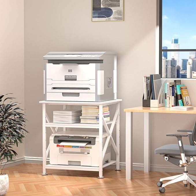 Printer Stand, 23.6 x 23.6 Inches Large Printer Stand with Adjustable Storage Shelf, 3 Tier Printer Table for Home Office, Rolling Printer Cart with Industrial Wheels, Mini Fridge Stand Table, White