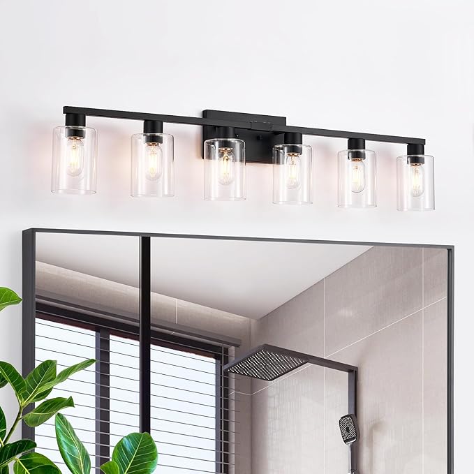 SOPEAS 6-Light Bathroom Vanity Light Black Vanity Lights for Bathroom Light Fixtures Matte Black 6 Light Fixtures with Clear Glass Shades for Bath Over Mirror