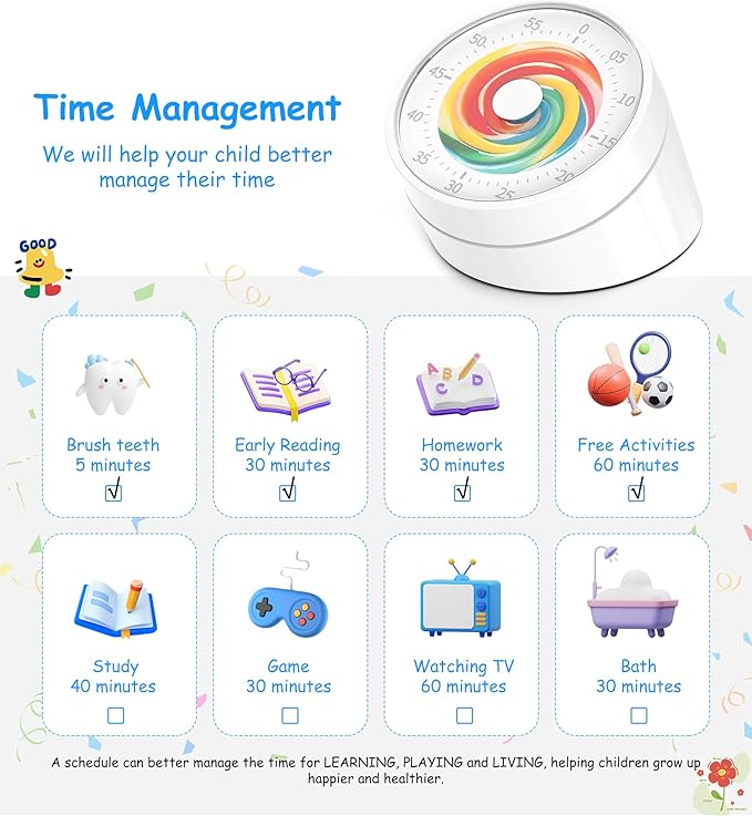 Rosenpatio Visual Classroom Timer for Kids - Desk 60 Minutes Countdown Timers for Teachers and Students, Non-Ticking Homeschool Study Supply Time Cognition Tool for Toddler, Easy Rotating and Reading