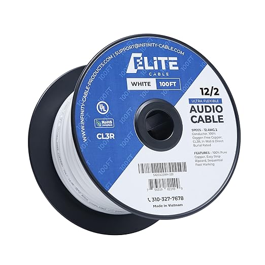 Elite 12/2 Speaker Wire 100ft, UL Listed, CMR/CL3R, (Riser/in-Wall & Outdoor/In-Ground (Direct Burial)- 100% Oxygen Free Pure Bare Copper (OFC), 12AWG/2-Conductor, 100ft Bulk Cable (65 Strands) White