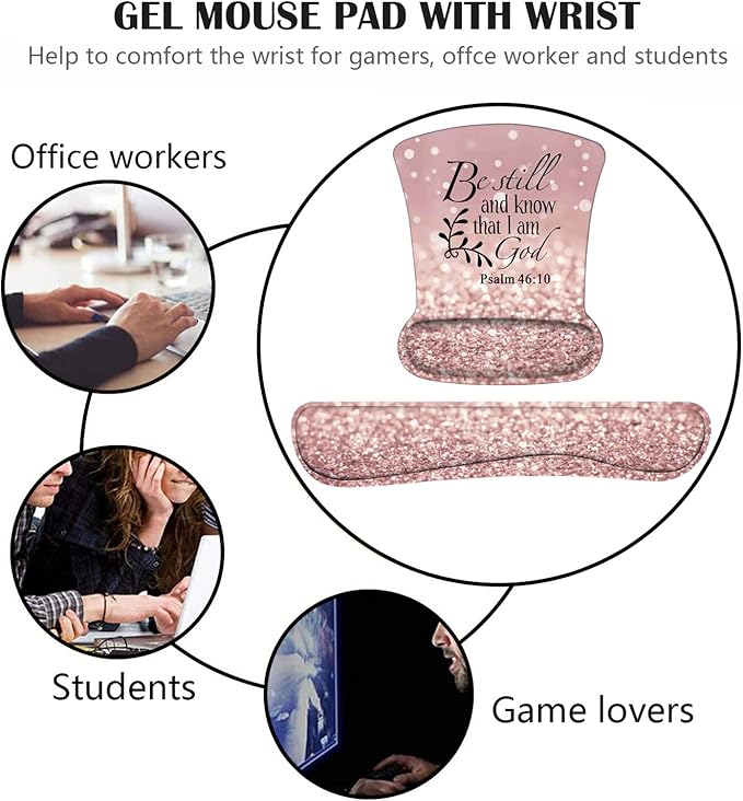 Keyboard Wrist Rest and Mouse Pad Wrist Support Set with Coasters, Non-Slip PU Base Ergonomic Gaming Mousepad for Home Office Working Studying Easy Typing & Pain Relief, Bible Verses Psalm 46:10