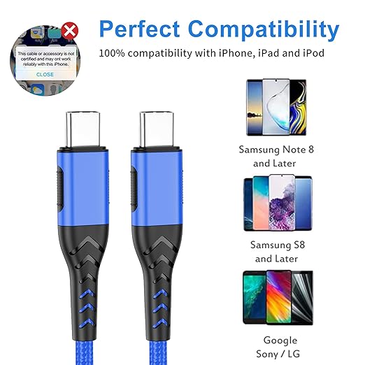 Durcord USB C to USB C Cable, 2Pack 60W 6ft USB C Charger Cable Fast Charging, Type C to Type C Charger Braided Compatible with iPhone 15/Samsung/Android/Phone/Pad/MacBook/Pro/Plus/Max etc. Blue