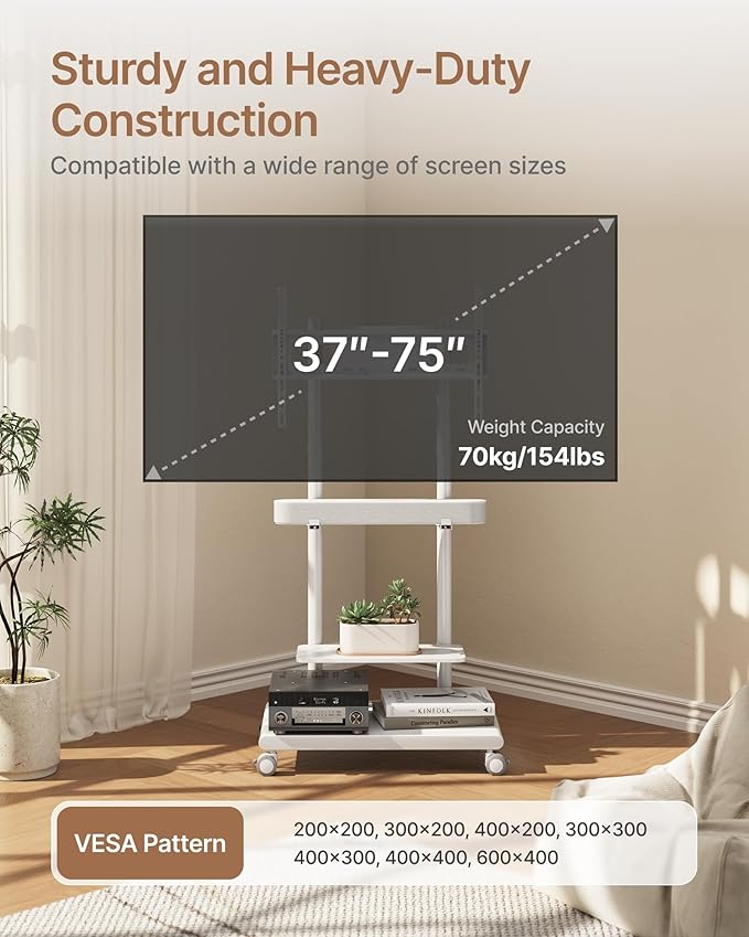 ECOTINY Steel Base Rolling TV Stand with Soundbar Mount for 37-75 inch TVs up to 154lbs, Swivel&Tilt Mobile TV Stand with Large Storage, Height Adjustable Heavy-Duty TV Cart, Max VESA 600x400mm, White