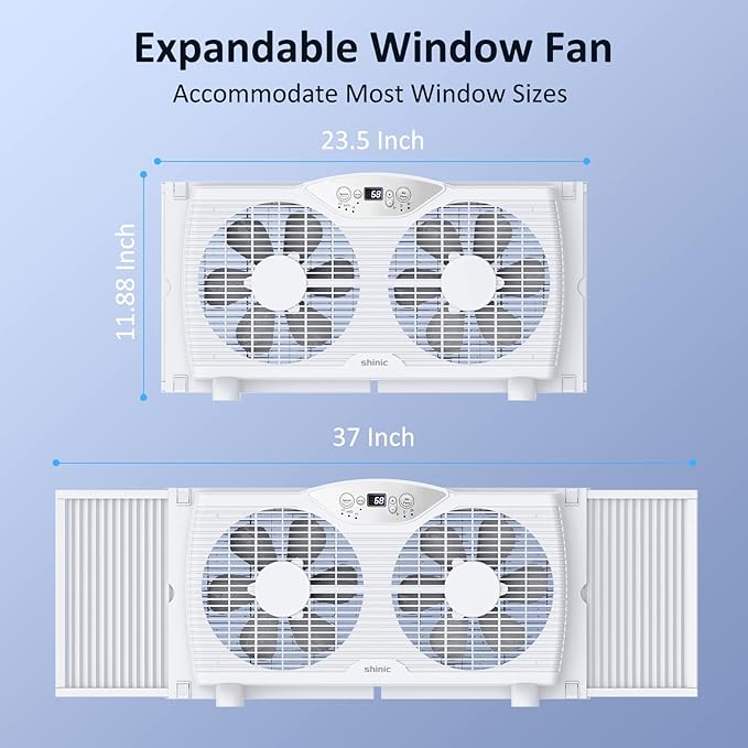 shinic Twin Window Fan with Reversible Airflow, Thermostat Controlled, 3 Speeds & 3 Functions(Exhaust, Intake & Circulate), 23.8" - 37" Expandable Width for Home Kitchen Use