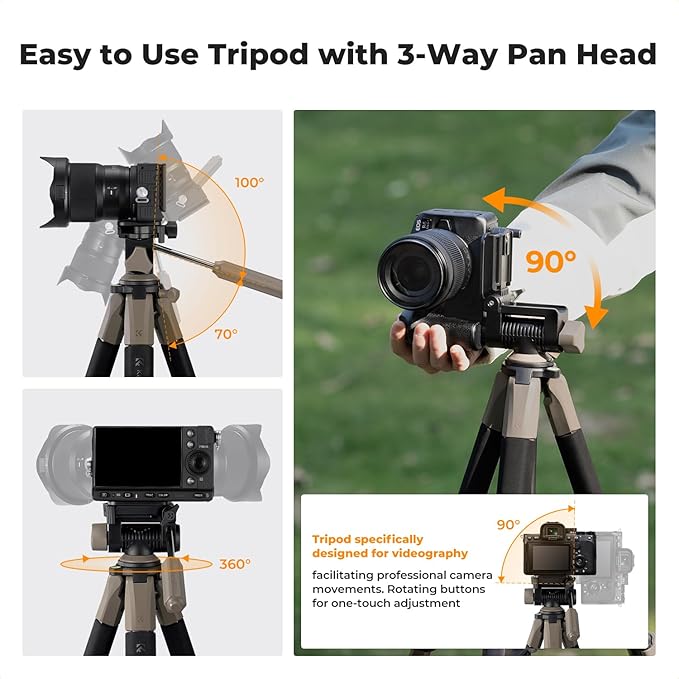 K&F CONCEPT Camera Tripod, 75" Lightweight Portable Travel Outdoor DSLR Tripods for Camera Phone Video Recording Tripod Stand, Cellphone Clip for Smartphone Live Streaming Vlog (Grey, 75'')