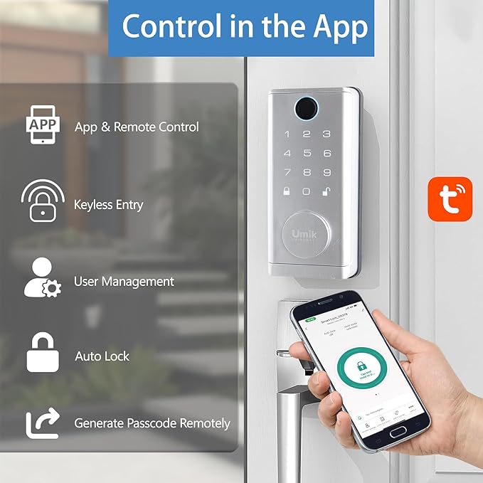 UMIK UMIKSMART Fingerprint Smart Door Lock with Heavy Duty Handleset, Keyless Entry Door Lock, Electronic Keypad Deadbolt Locks, App Control for Front Door, Home (Matte Silver)