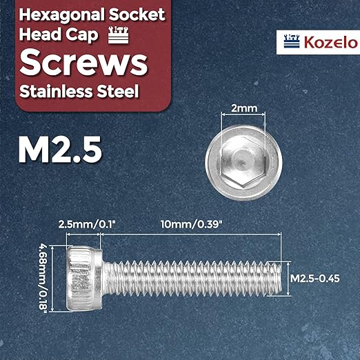 Kozelo 20pcs Socket Head Cap Screws - [M2.5-0.45 x 10mm] 304 Stainless Steel Allen Socket Drive for Electrical Motor 3D Printing Fan Engine Replacement Use, Silver