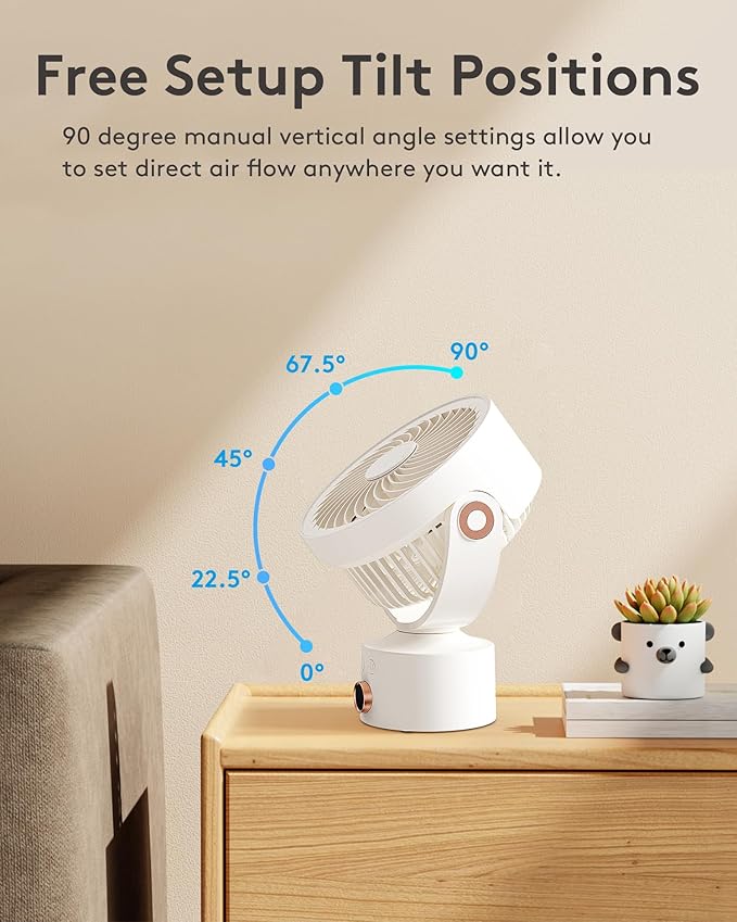 CARONSORT Small Desk Oscillating Fan, Table Air Circulator Fans for Bedroom, Rechargeable Battery Operated with 3 Speeds, Mini Fan 9 Inches, 90° Adjustable Tilt, 30 db Low Noise, White