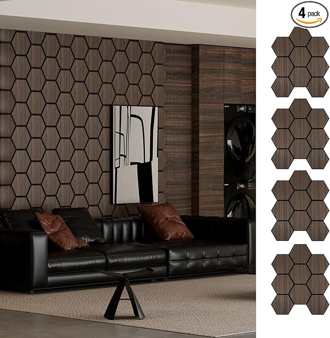Hexagon Acoustic Wall Panels, Self-Adhesive Sound Absorbing Wall Panel by ARMURO, 4 Pack Covers 19.27 Sq Ft, Peel and Stick Noise Reducing for Home Office Studio Bedroom Wall Decor