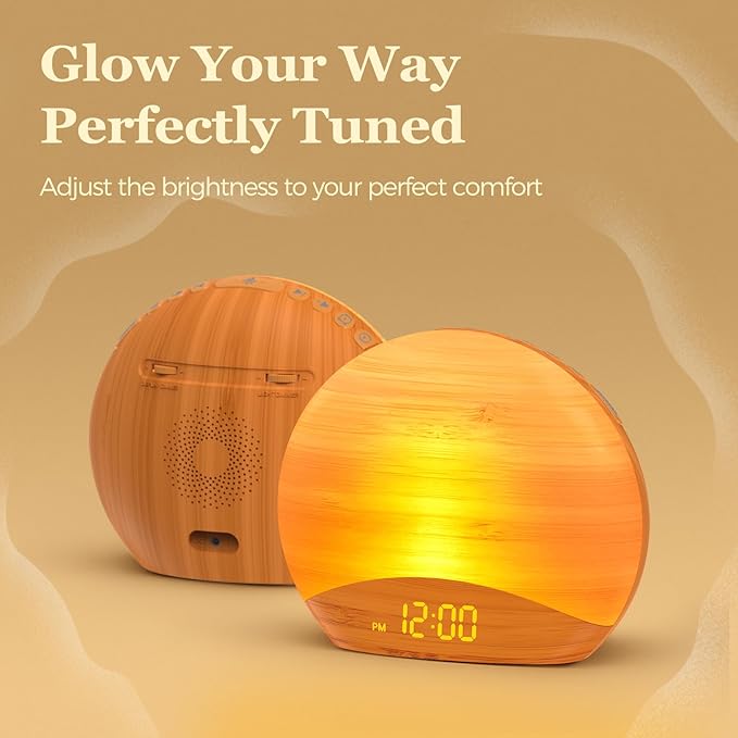 REACHER Sunrise Alarm Clock with Bluetooth Speaker & FM Radio, Gradual Wake Up Light, Digital Dimmable Clock, Bedroom Lamps, 8 Color Night Lights, Home Decor, Wood Clock for Adult, Kid