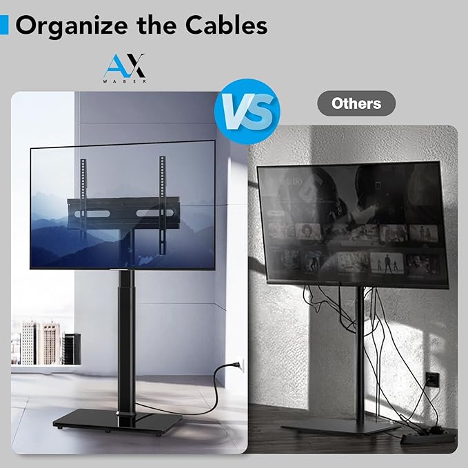 AX WABER Floor TV Stand with Power Outlet, Universal TV Stand Mount for 27-65 inch TV up to 88lbs, 70 Degree Swivel 9 Level Height Adjustable with Tempered Glass Base for Bedroom, Office Black