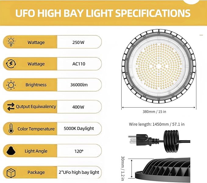 2Pack UFO LED High Bay Light 250w, 5000K,36,000LM, 5 ft cable with Us Plug UL Certified Plug,Hanging HookIP65 Commercial Warehouse Area Light for Wet Location Area, Workshop, Garage, Factory Barn