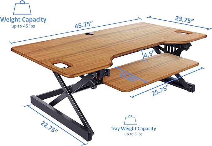 Rocelco 46" Large Height Adjustable Standing Desk Converter with Triple Monitor Mount BUNDLE - Sit Stand Up Computer Workstation Riser - Retractable Keyboard Tray - Teak Wood Grain (R DADRT-46-DM3)