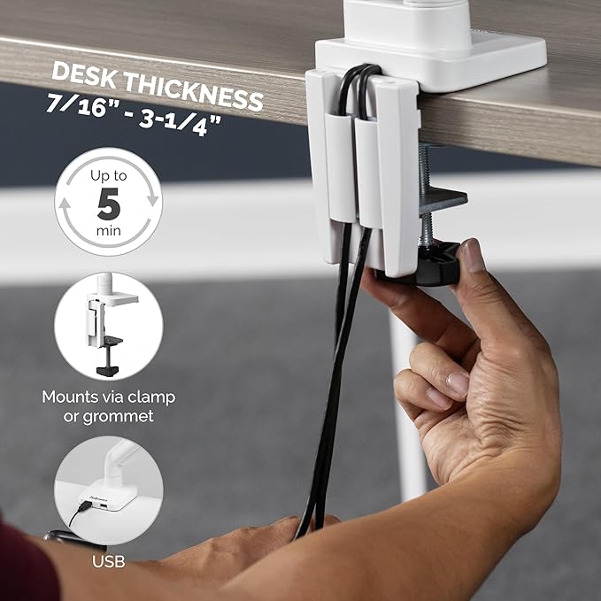 Fellowes Platinum Series Dual Monitor Arm for 40-Inch Monitors, Full Motion, 360° Rotation, VESA Mount with Grommet or Clamp, USB Ports, Ergonomic, White, 8056301
