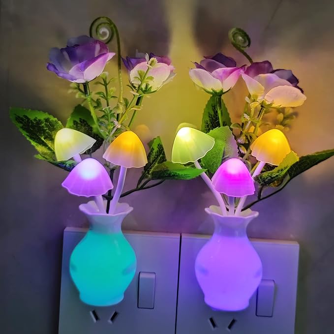 AUSAYE 3Pack Sensor Night Lights Plug into Wall Rose Flower Light, Led Lamp Dream Nightlight Mushroom Night Lights for Kids Adults Room,Bathroom,Kitchen,Hallway
