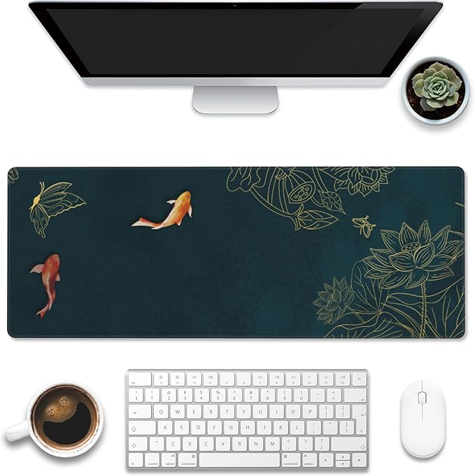 Eflxamz Large Gaming Mouse Pad, Koi Fish Ink Painting Desk Mat, Golden Line Lotus Desk Pad, Extended Big Computer Keyboard Mouse Pad with Non-Slip Base and Stitched Edge, 31.5"x11.8"