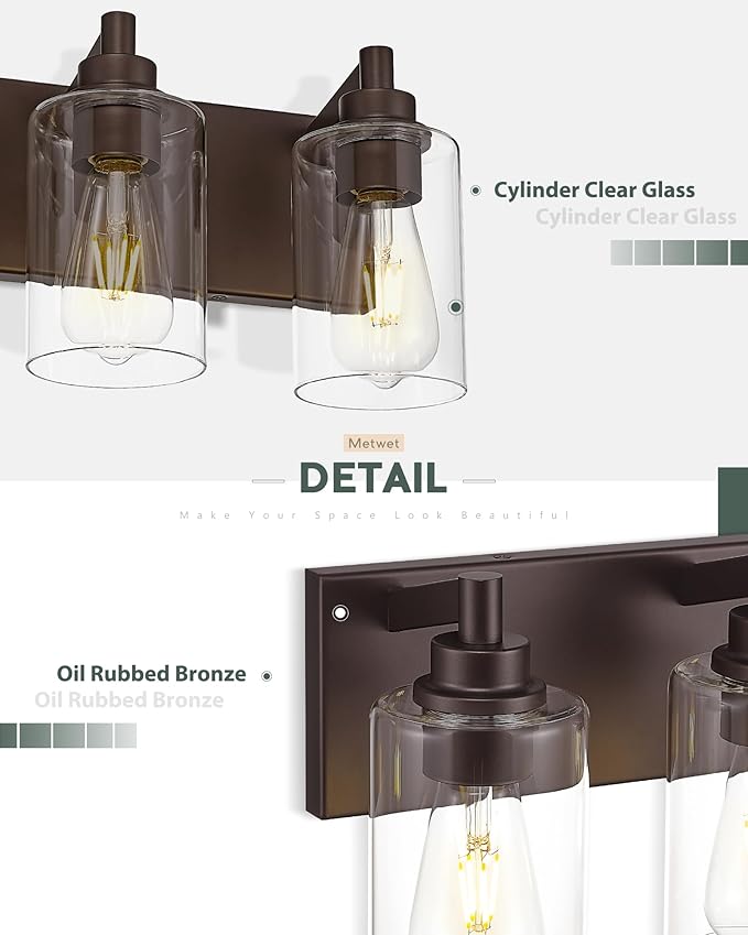 METWET 3-Light Bathroom Light Fixtures, Modern Vanity Light with Cylinder Clear Glass Shade, Vanity Lighting Fixtures Over Mirror, Oil Rubbed Bronze, VL143-ORB-3