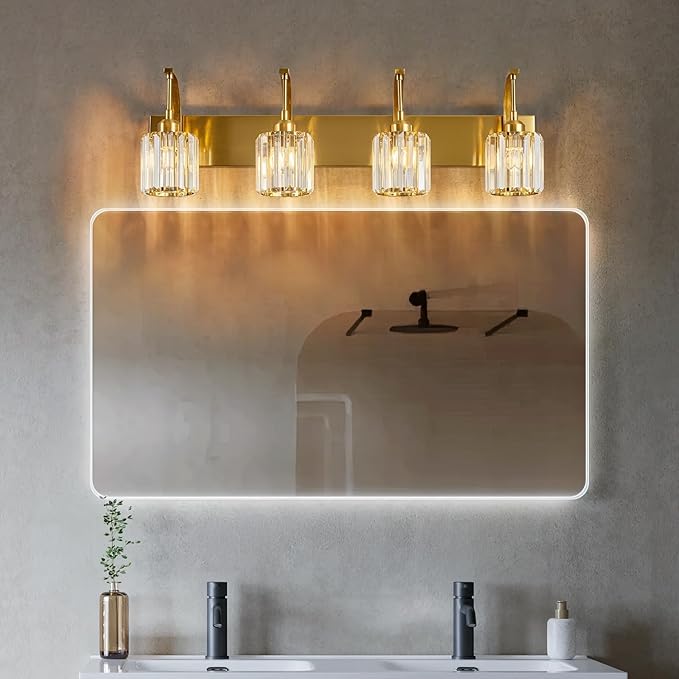 FDPBY 4-Light Crystal Vanity Light, Modern Gold Bathroom Wall Sconce with K9 Crystal Shades, 32.67" Long Over Mirror Lighting for Vanity, Makeup, Hallway, Elegant & Easy Install