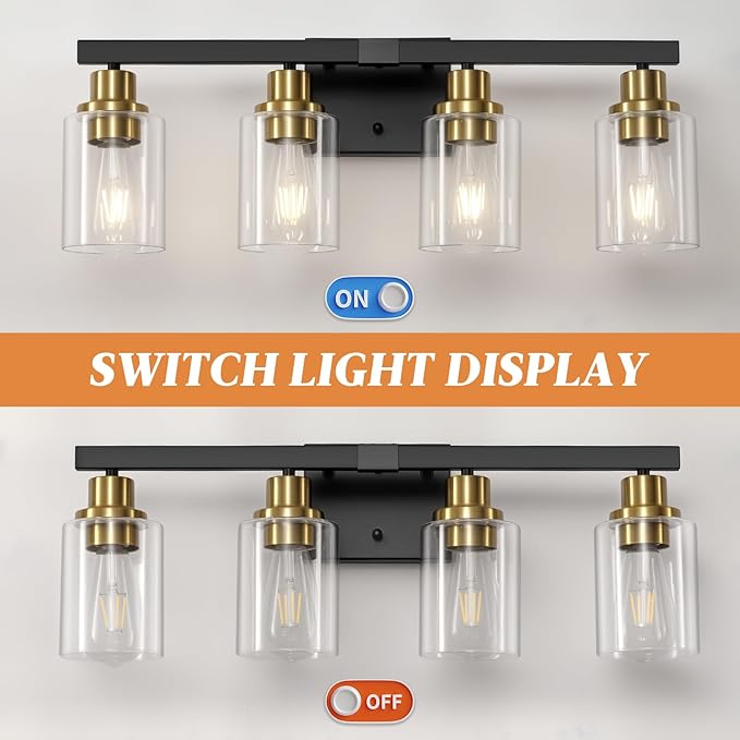DIKAIDA Bathroom Vanity Light, 4-Light Black and Gold Bathroom Light Fixtures with Clear Glass Shade, Bathroom Lighting Fixtures Over Mirror,Bath Black Wall Lights for Mirror Bedroom,Living Room