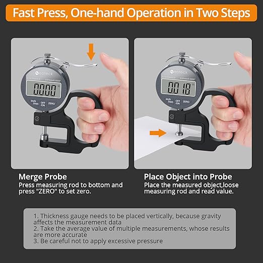 Neoteck Digital Thickness Gauge 0.5inch/12.7mm,0.0005inch/0.01mm LCD Display with Inch/MM Conversion One-Hand Quick Press Thickness Measuring Tool for Leather Paper Fabric Film etc.-Silver-Grey