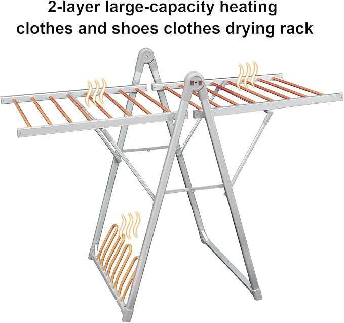 SHARNDY Electric Heating Clothes Drying Rack,Foldable Clothes Drying Rack,Suitable for Drying Clothes, Shoes and Socks.Plug & Play,Silvery Gray,Aluminum Alloy,One-Click Switch(39.37×52.56×25.98in)