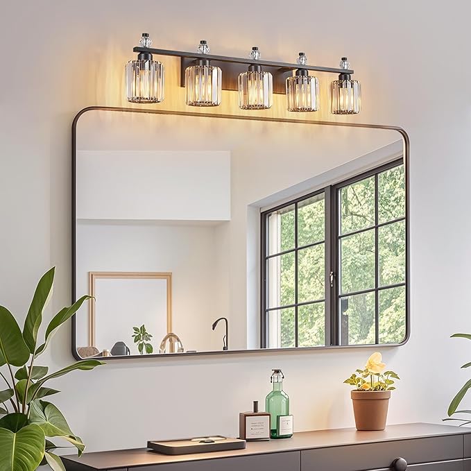 FDPBY Bathroom Vanity Lights 5-Light Sand Black Modern Crystal Vanity Light Fixtures Over Mirror Crystal Bathroom Vanity Lighting Fixtures
