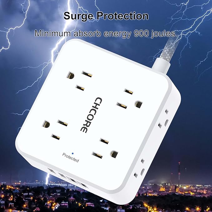 Surge Protector Power Strip - CHCORE 10 Ft Braided Extension Cord with 8 Outlets with 4 USB (2 USB C) Charging Ports, Flat Plug Multi Plug Outlet Extender Charging Station for Home Office, ETL, White