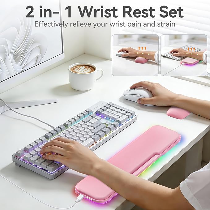KONDOUND 2-in-1 Heated Wrist Rest Set, Ergonomic Memory Wrist Pad with RGB Lights and Non-Slip Base, Keyboard Mouse Wrist Rest for Computer Laptop Office Work and PC Gaming