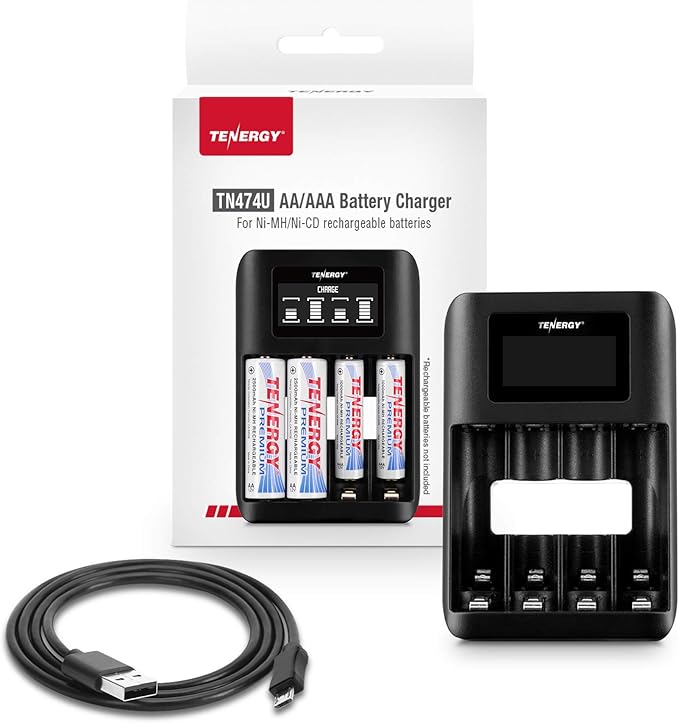 Tenergy TN474U 4-Bay NiMH/NiCD Battery Charger with LCD Display and USB Input, Portable Charger for AA/AAA NiMH and NiCD Batteries