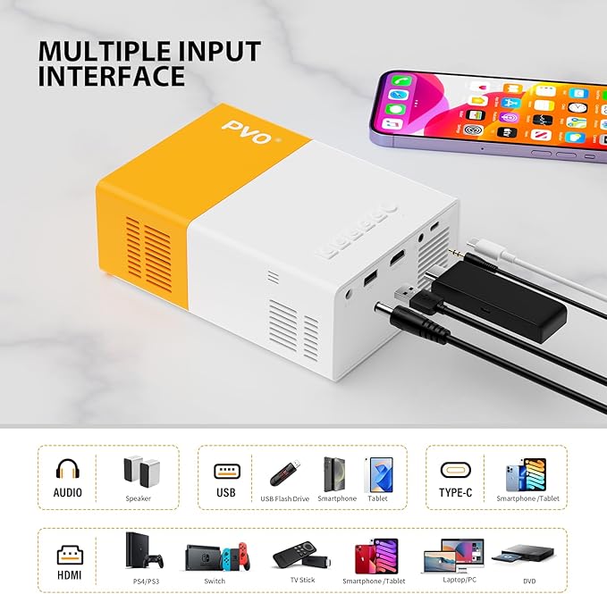 PVO Projector WiFi Portable Mini Projectors 1080P, Phone Screen Can Be Mirrored to Video Projector via WiFi, Movie Projectors Compatible with Smartphone/ Tablet/ Laptop/TV Stick/PS/Type-C/USB Drive