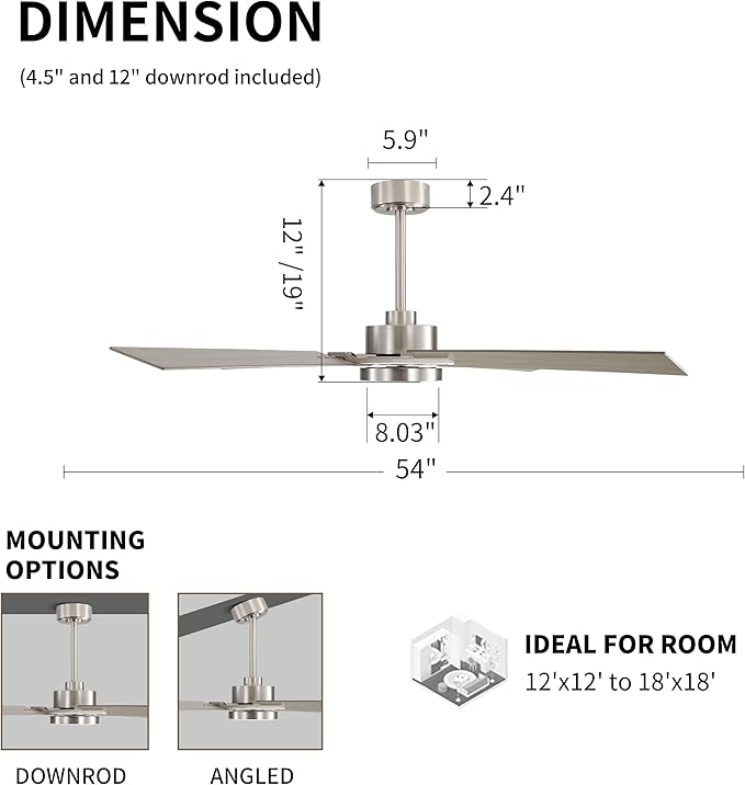 WINGBO 54 Inch Ceiling Fan with Light and Remote, 4 Plywood Blades, 6-Speed Reversible DC Motor, Dimmable, 3CCT, Farmhouse Ceiling Fan for Bedroom Living Room Kitchen, Brushed Nickel and Gray