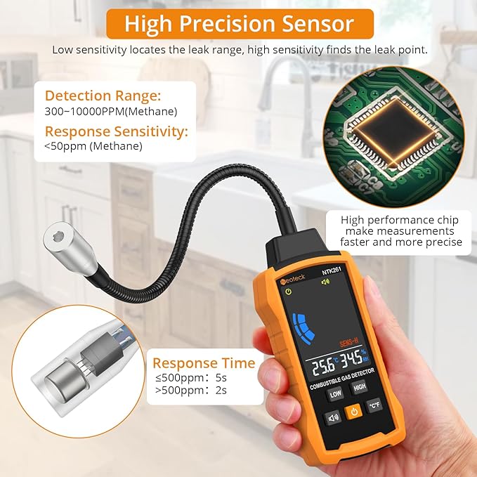 Neoteck Natural Gas Detector Gas Leak Detector with 12” Gooseneck Combustible Gas Detector with Audible & Visual Alarm Test Methane Propane Gasoline Natural Gas for Gas Pipeline Gas Stove and RV