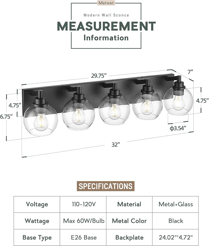 METWET Bathroom Light Fixtures, 5 Light Matte Black Vanity Light, 32 Inch Modern Wall Sconces with Globe Clear Glass Shade, Vanity Lighting Fixtures Over Mirror, VL195-MB-CL-5