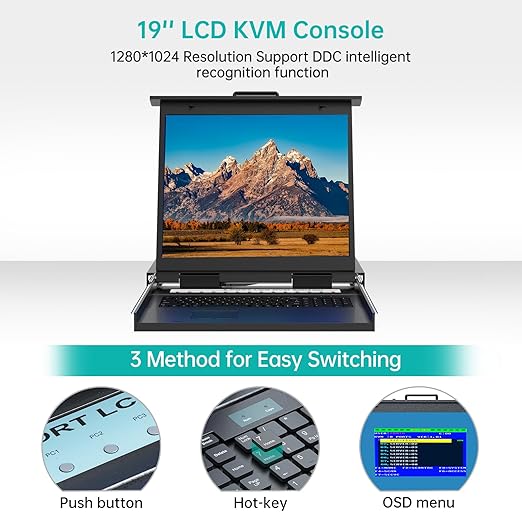 MT-VIKI Rack KVM Switch w/ 19'' LCD Monitor, Rackmount KVM Monitor Console Drawer+Keyboard+Touchpad+8 VGA Cable, Support OSD/Hotkey/Button Switch, 1280X1024@60H