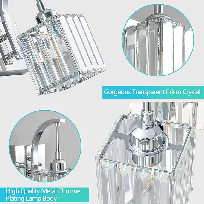FDPBY Crystal Vanity Lights 2-Light Chrome Wall Lamp Modern Crystal Bathroom Light Fixtures Over Mirror 13.77" Long Bathroom Wall Sconce