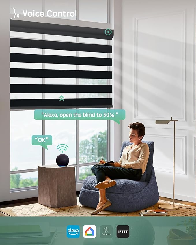 Yoolax Motorized Zebra Blinds Works with Alexa, Motorized Blinds with Remote Custom Size, Privacy Electric Zebra Shades for Windows (95% Shading Luxury Black)