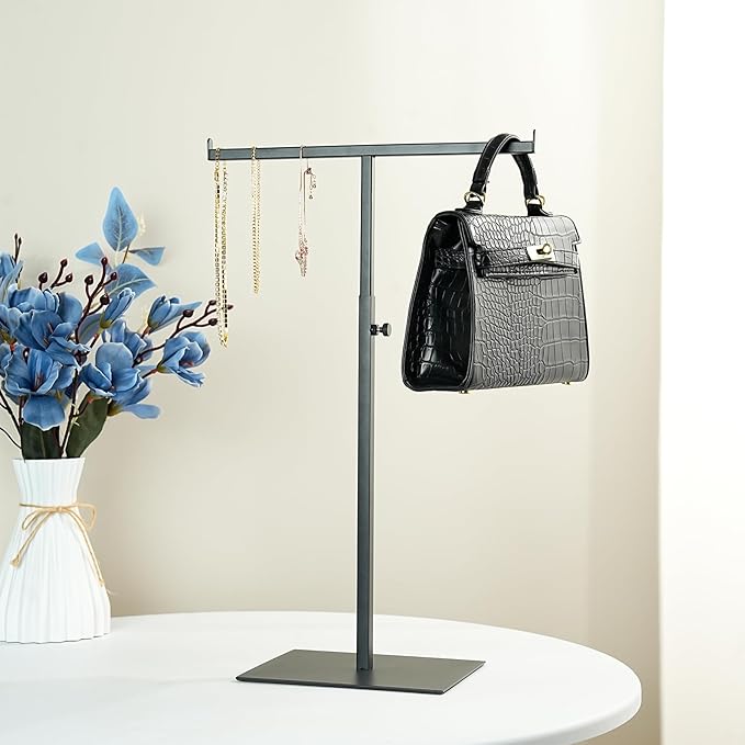 MCKECHSION Display Stand Stainless Steel Jewelry Towers Bag Stand Tabletop Double Hook Hanging Jewelry Stands for Necklaces Organizer Stand Adjustable Height Home Store Boutique, Black