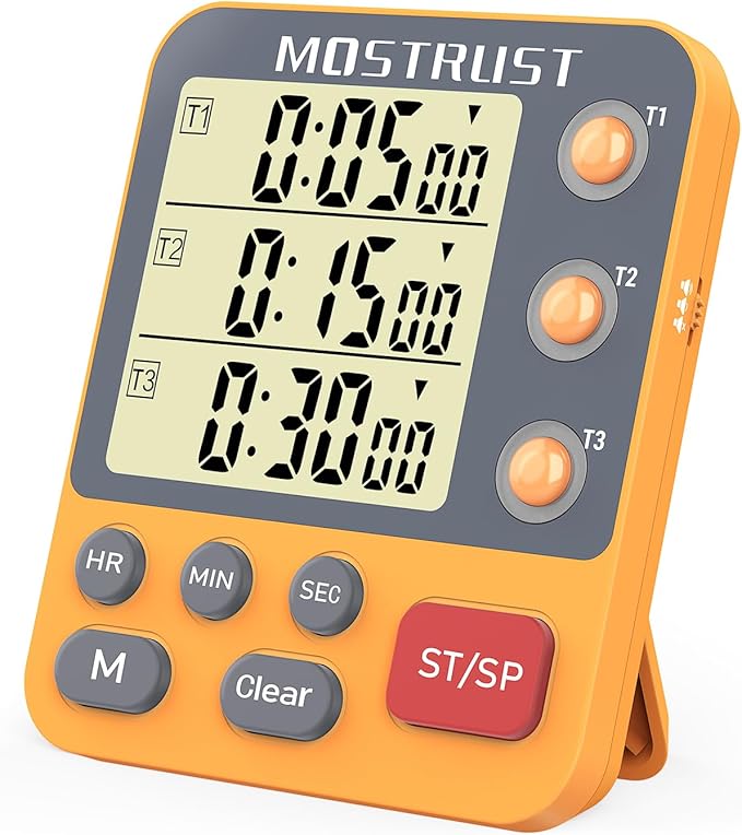 MOSTRUST Digital Dual Kitchen Timer, 3 Channels Countdown Triple Timer for Cooking, Magnetic Memory-Preset Large Display Adjustable Alarm Volume, Multi Times Management, 3A Battery Included, Orange