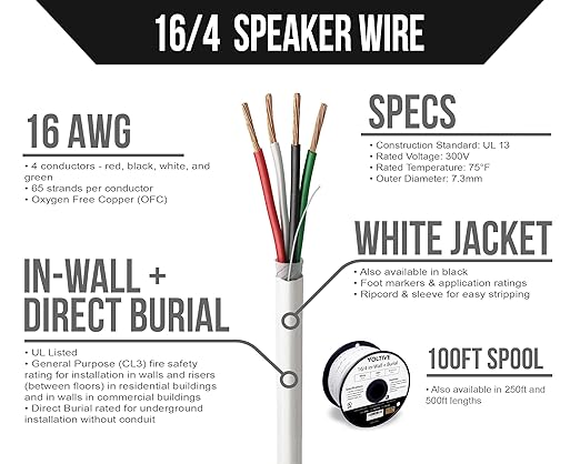 Voltive 16/4 Speaker Wire, in-Wall CL3 & Direct Burial, White, 100ft - 16AWG, 4 Conductors, Stranded Oxygen-Free Copper, UL Listed - V-1211-2