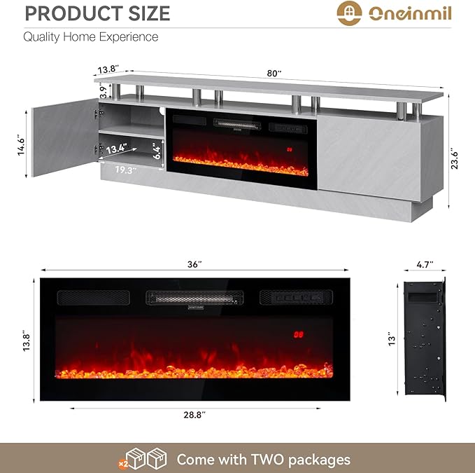 oneinmil Fireplace TV Stand with 36” Electric Fireplace, 80” 2 Tier TV Console Stand for TVs Up to 90", LED Light Entertainment Center, Fireplace for The Living Room TV Stand, Gray