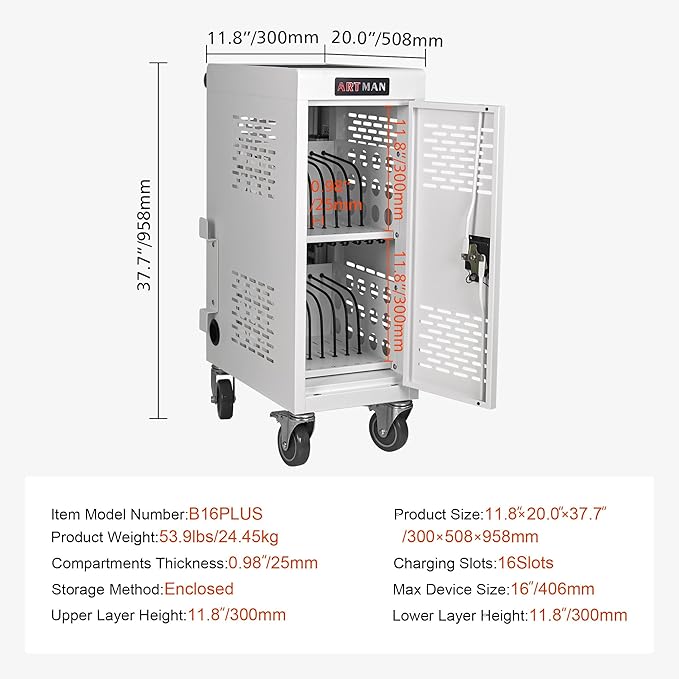 Aokleo Laptop Charging Cart,16 Devices Tablet Storage Carts for pad Up to 16.3" Screen Size, Classroom Computer Mobile Charging Station for Pads, Chromebooks,Laptops, Security Storage(16 Bay-White)