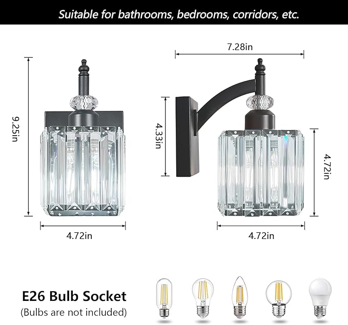 BBLLWJ Modern Wall Sconces Set of Two Black Wall Sconces Indoor Wall Lamp Crystal Wall Light Wall Mounted Room Sconce Wall Lighting Bathroom Vanity Light Fixtures