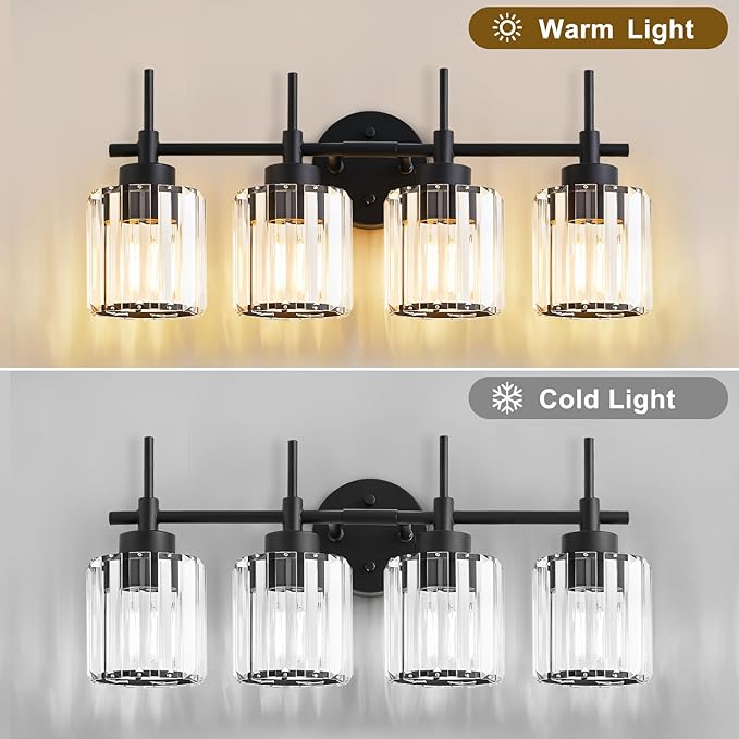 EJIAXIN 4 Light Round Crystal Vanity Lights, Modern Black Crystal Wall Light Bath Mirror Light Fixture Over Mirror Bathroom Wall Sconces for Bathroom Living Room